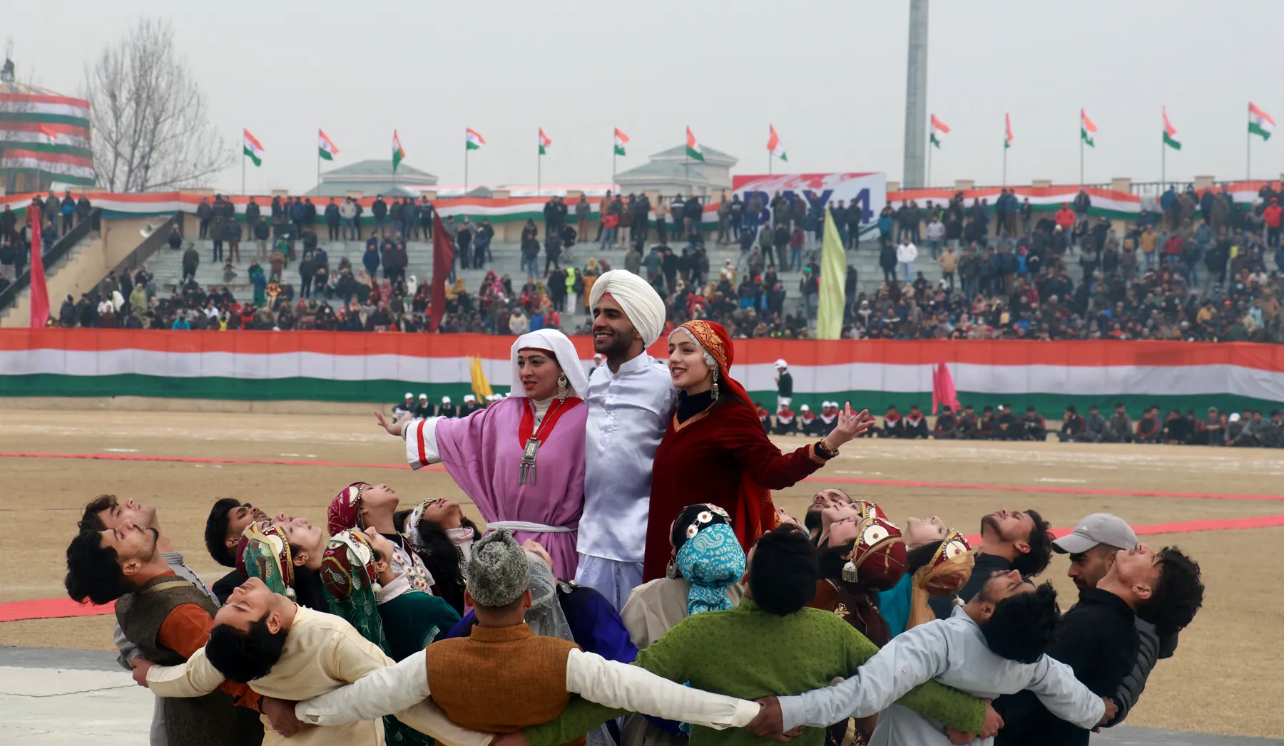 Young artists perform during the Republic Day function at Bakshi stadium in Srinagar on Friday. Mubashir Khan for Greater Kashmir
