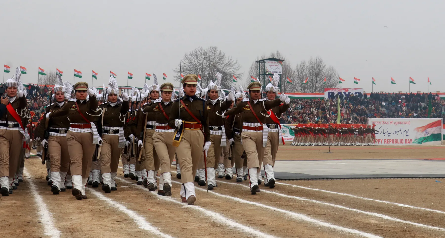 A woman contingent of J&K Police performs during the Republic Day function at Bakshi stadium in Srinagar on Friday. Mubashir Khan for Greater Kashmir