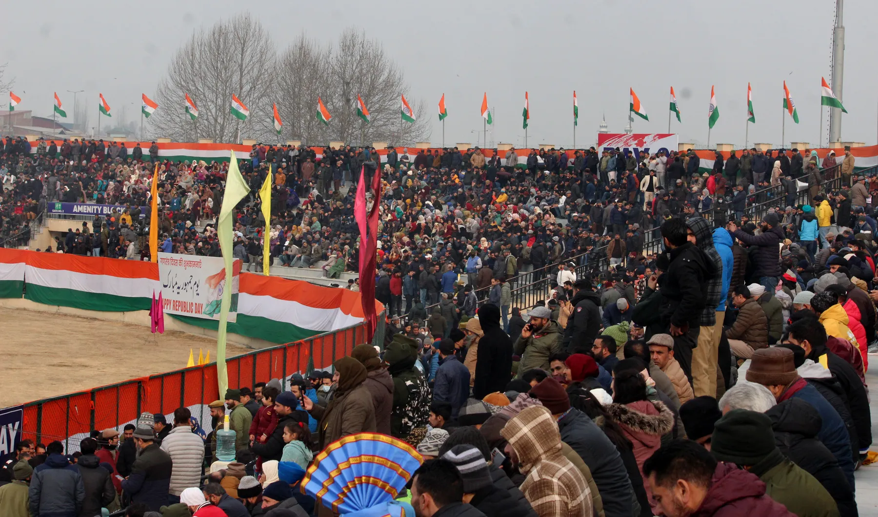 A large crowd watches the Republic Day parade at Bakshi stadium in Srinagar on Friday. Mubashir Khan for Greater Kashmir